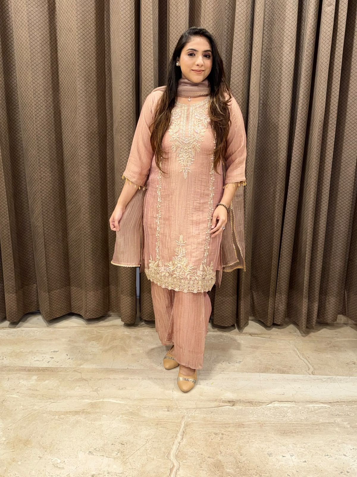 Designer Peachy Pink Suit set with Complete handwork