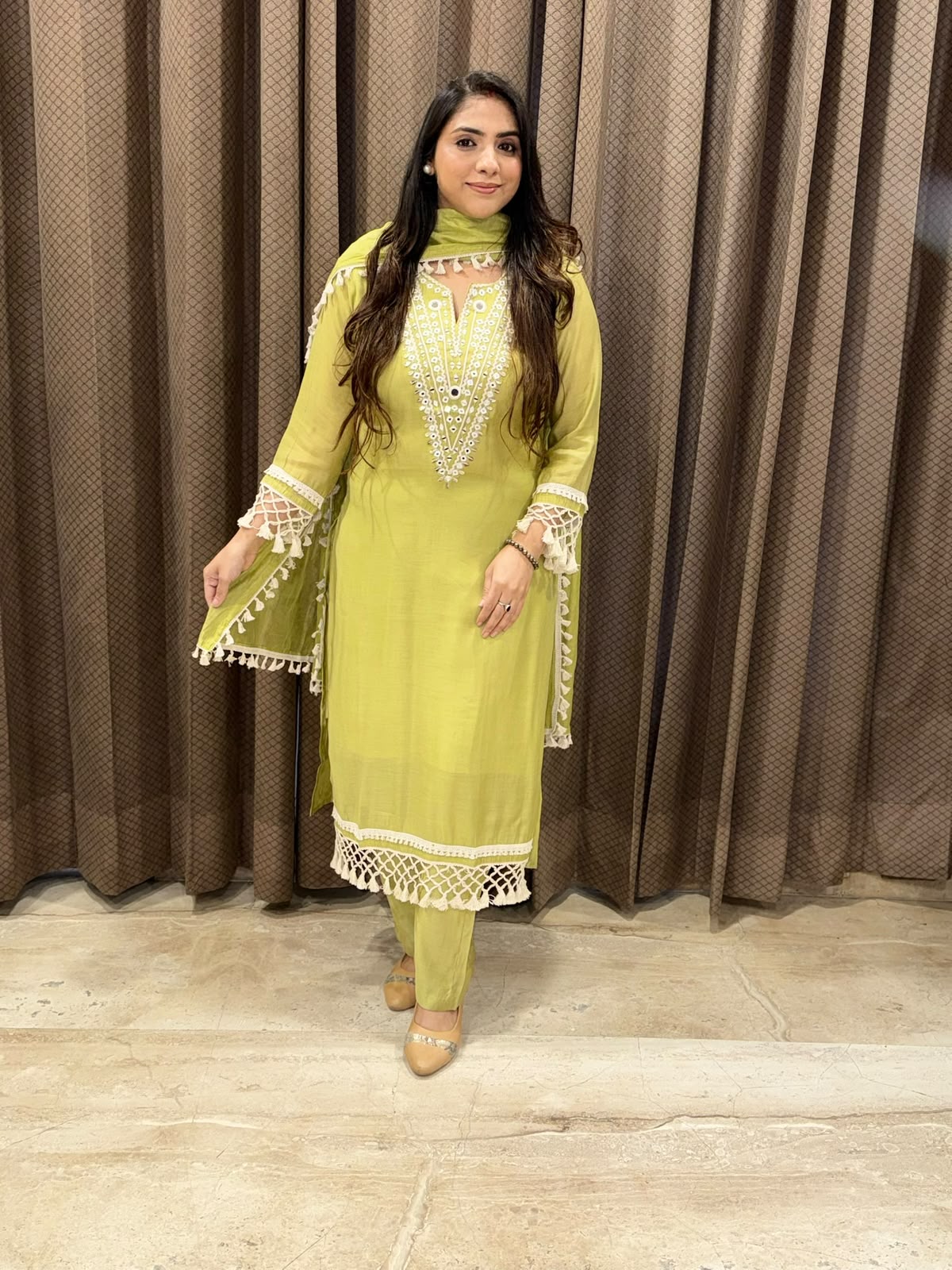 Designer Green Straight Suit set with  handwork
