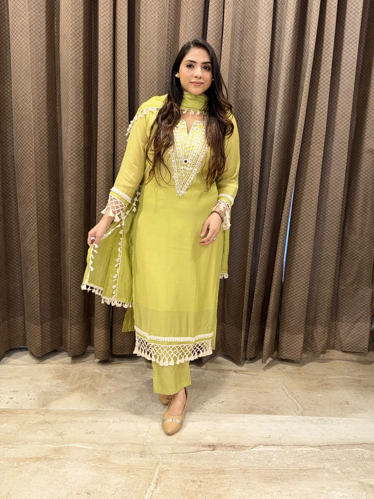Designer Green Straight Suit set with  handwork