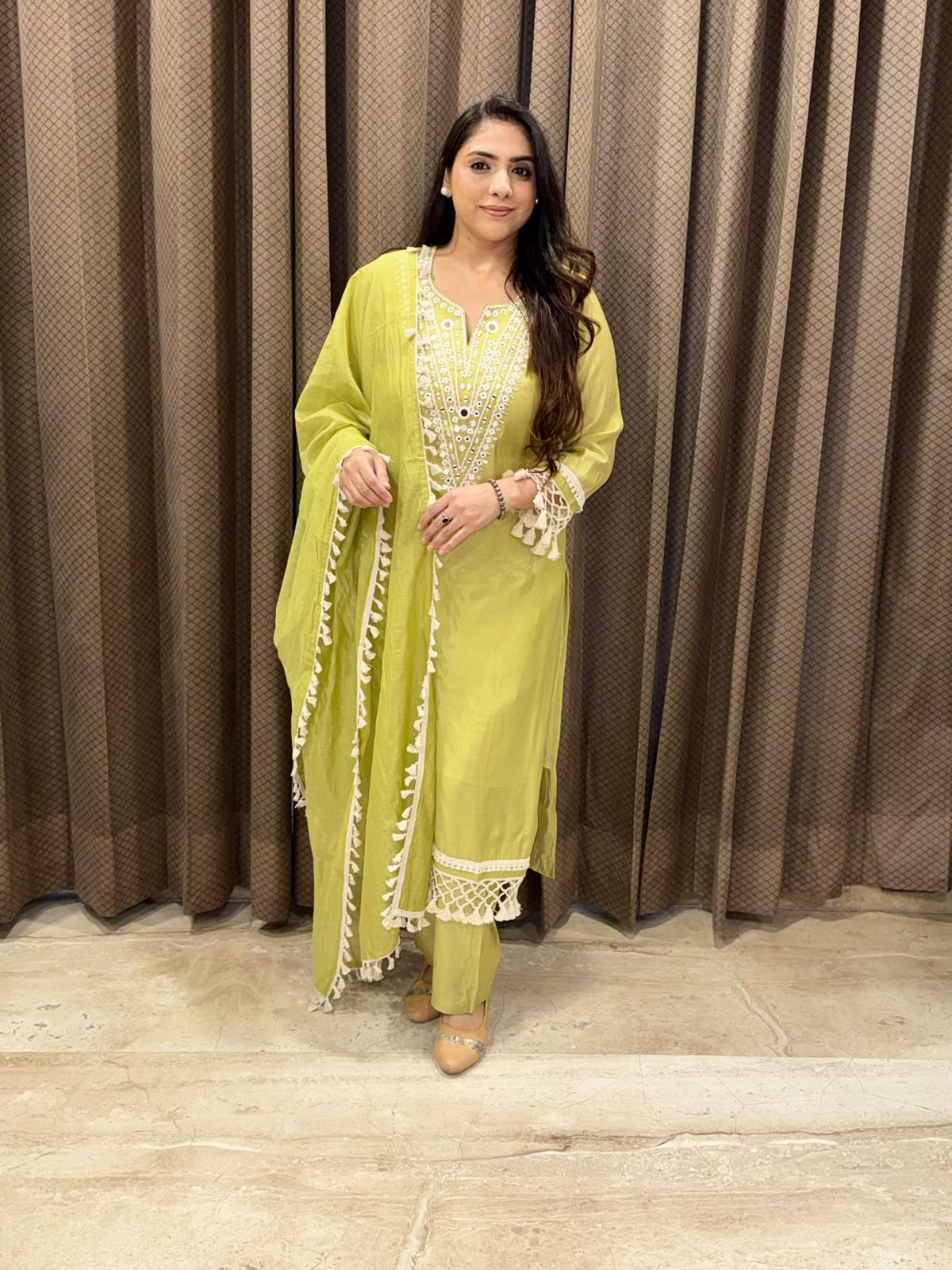 Designer Green Straight Suit set with  handwork