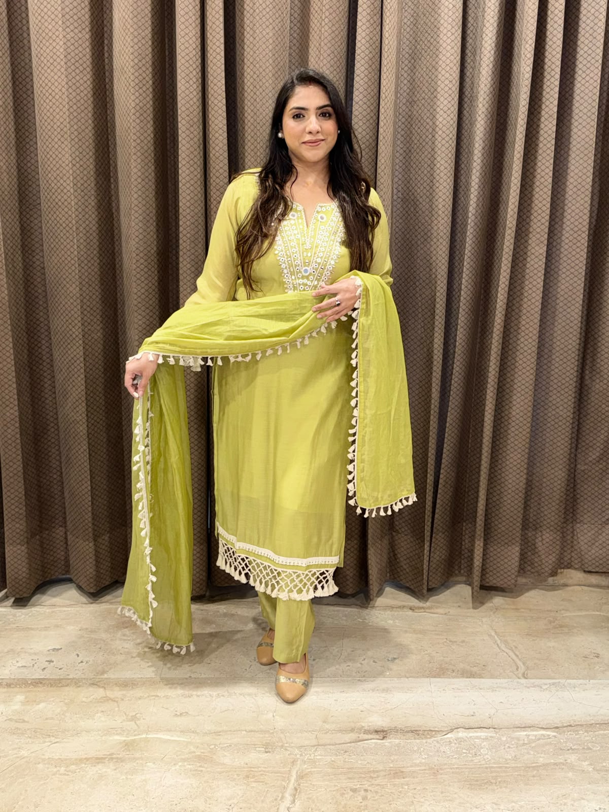 Designer Green Straight Suit set with  handwork