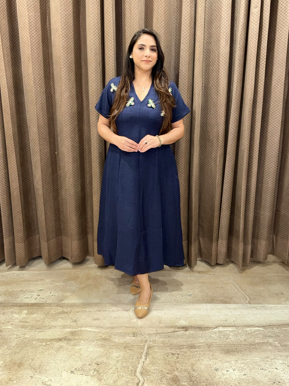 Smart Dark Blue Midi dress with honey bee accessories & pockets