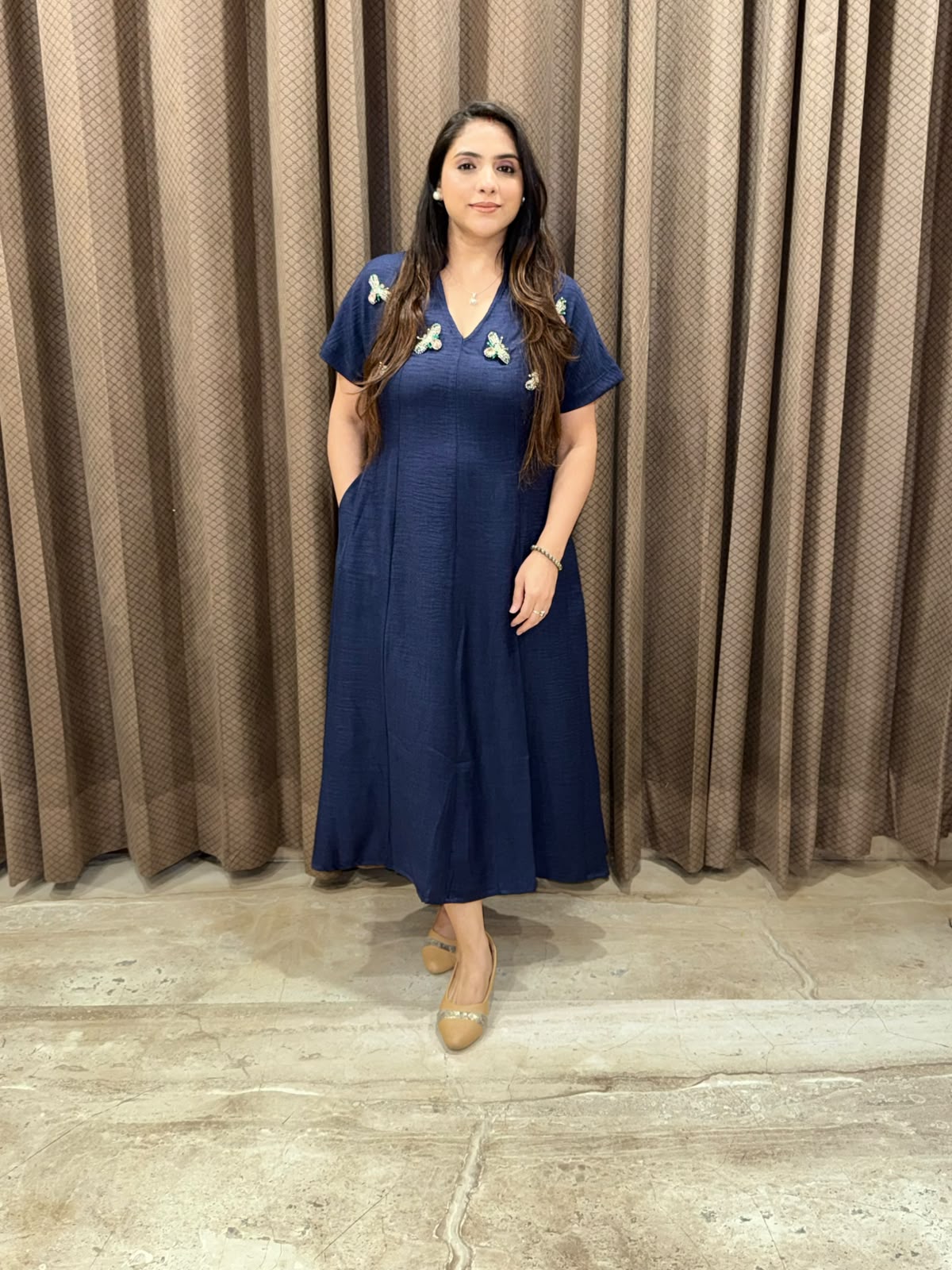 Smart Dark Blue Midi dress with honey bee accessories & pockets