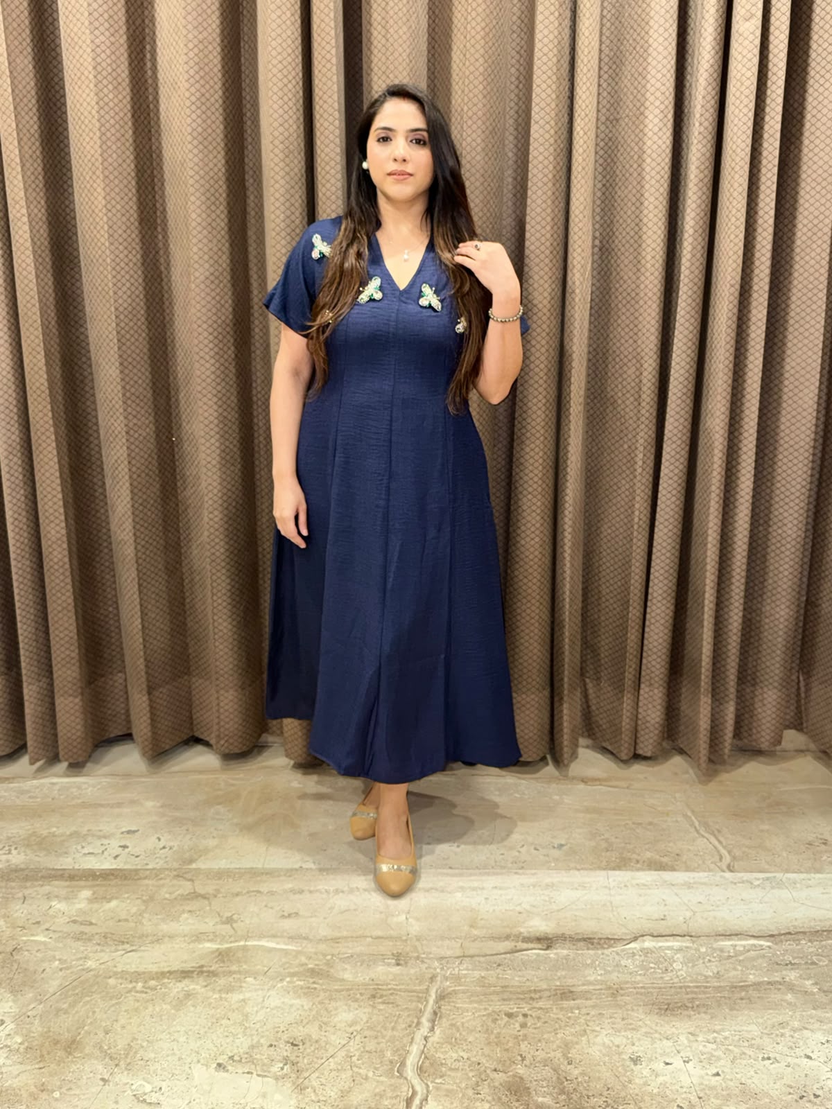 Smart Dark Blue Midi dress with honey bee accessories & pockets