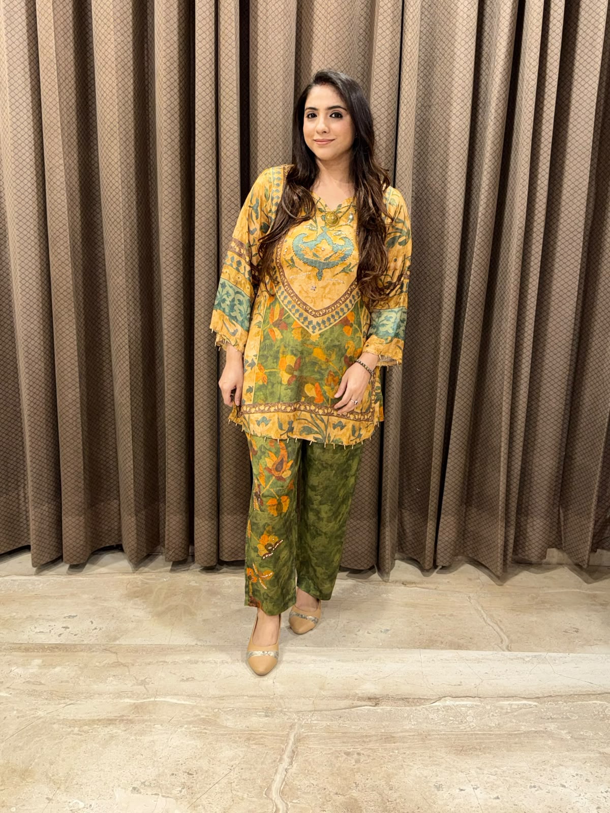 Designer Green & yellow digital Co-ord set with  handwork
