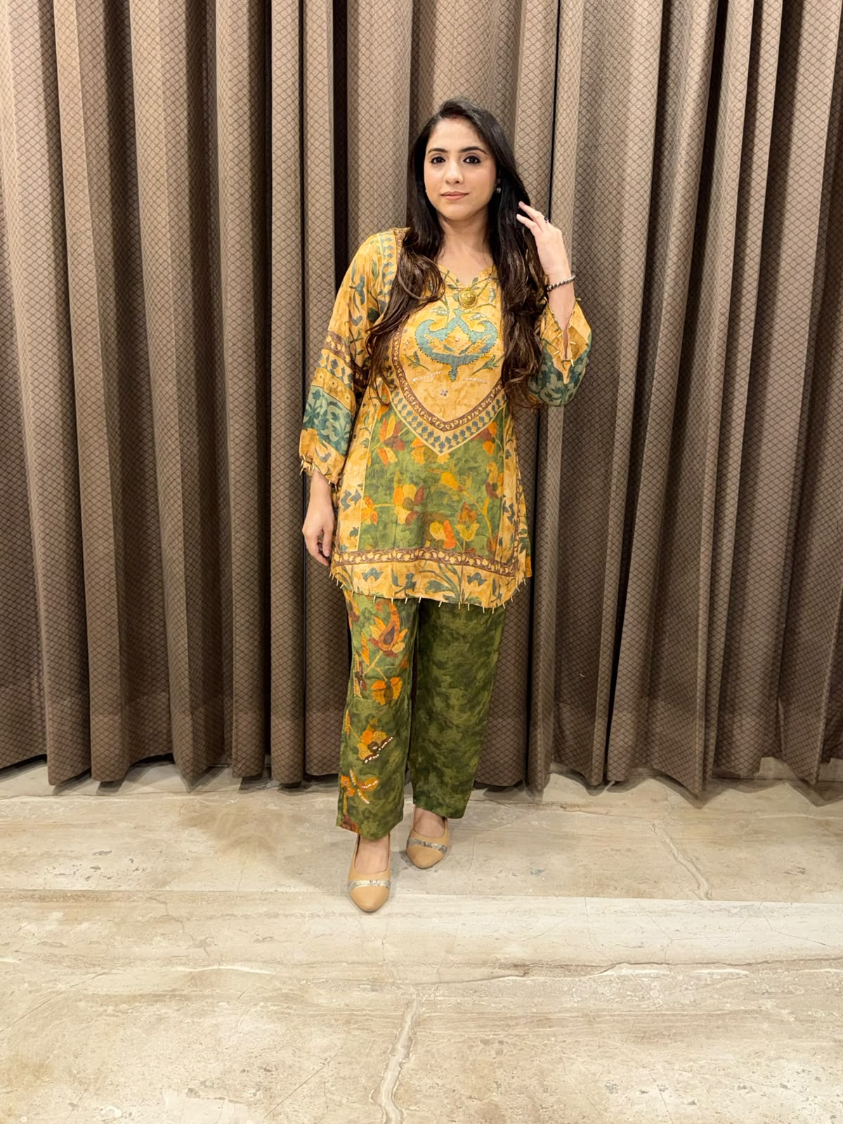 Designer Green & yellow digital Co-ord set with  handwork