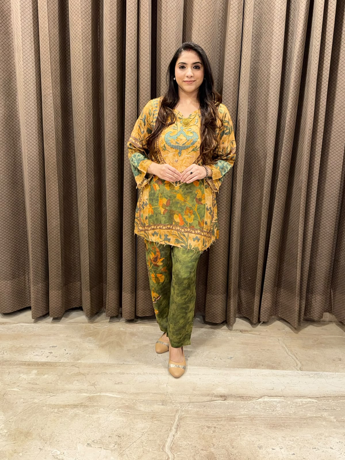 Designer Green & yellow digital Co-ord set with  handwork