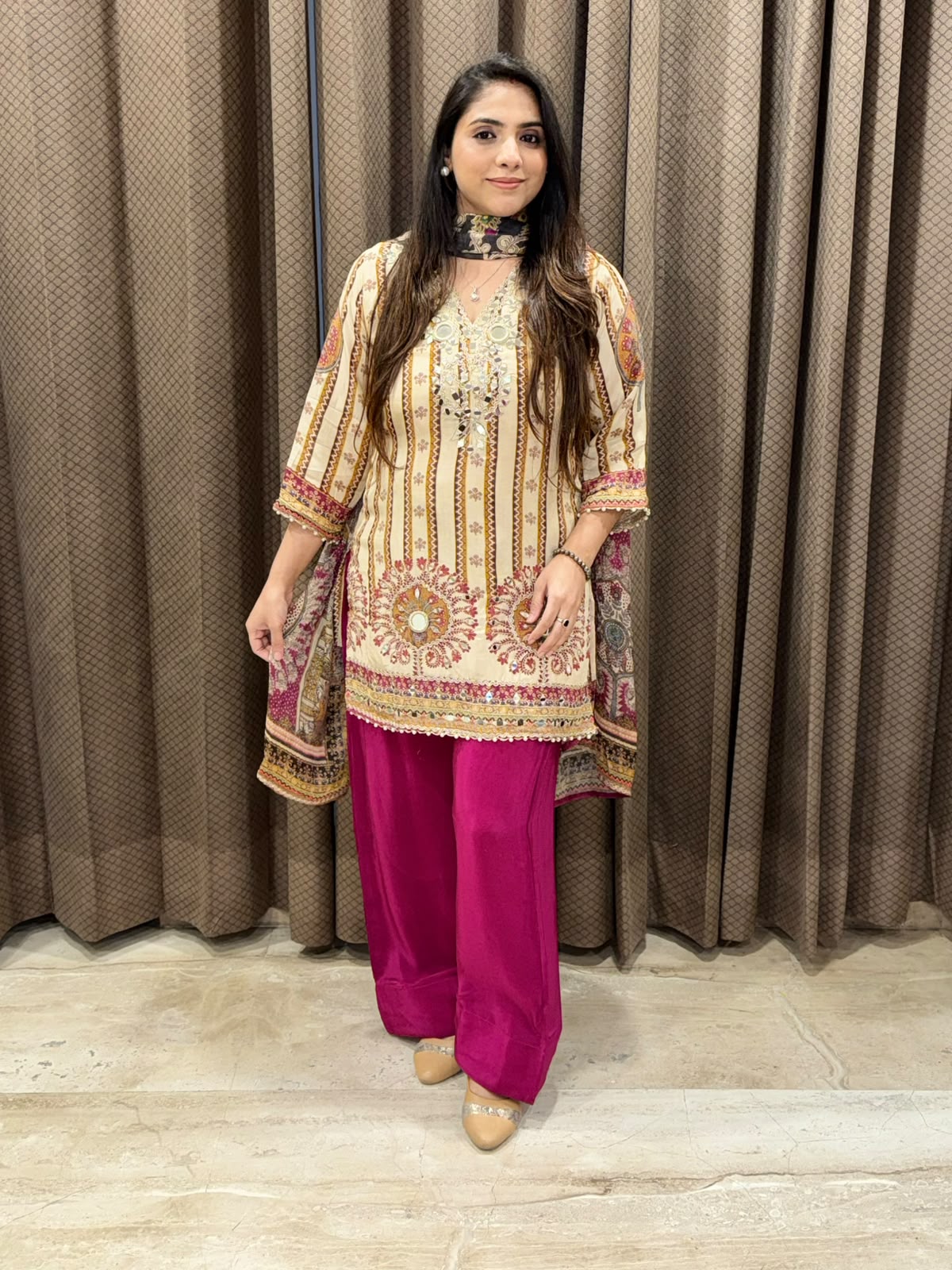Designer Wine & beige Partywear Suit set with mirror handwork