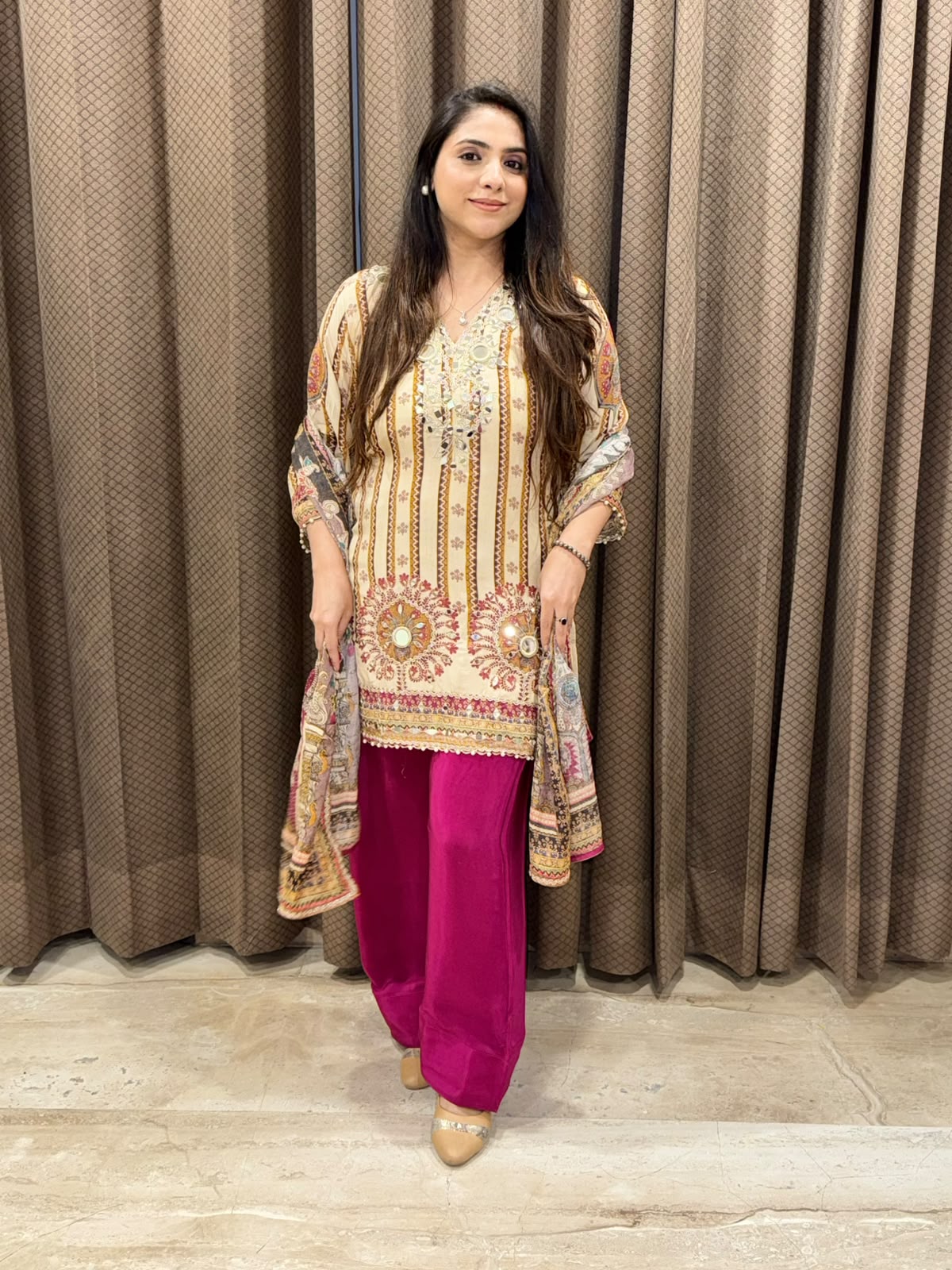 Designer Wine & beige Partywear Suit set with mirror handwork
