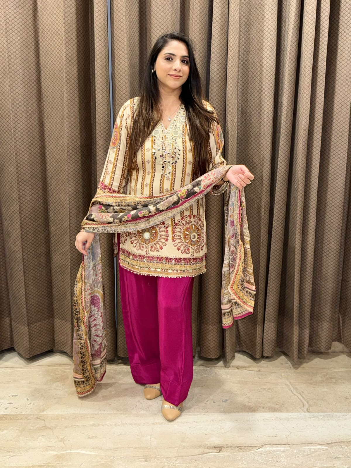 Designer Wine & beige Partywear Suit set with mirror handwork