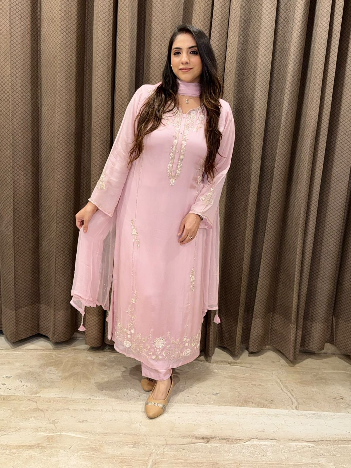 Designer Pink long suit set with dupatta and handwork