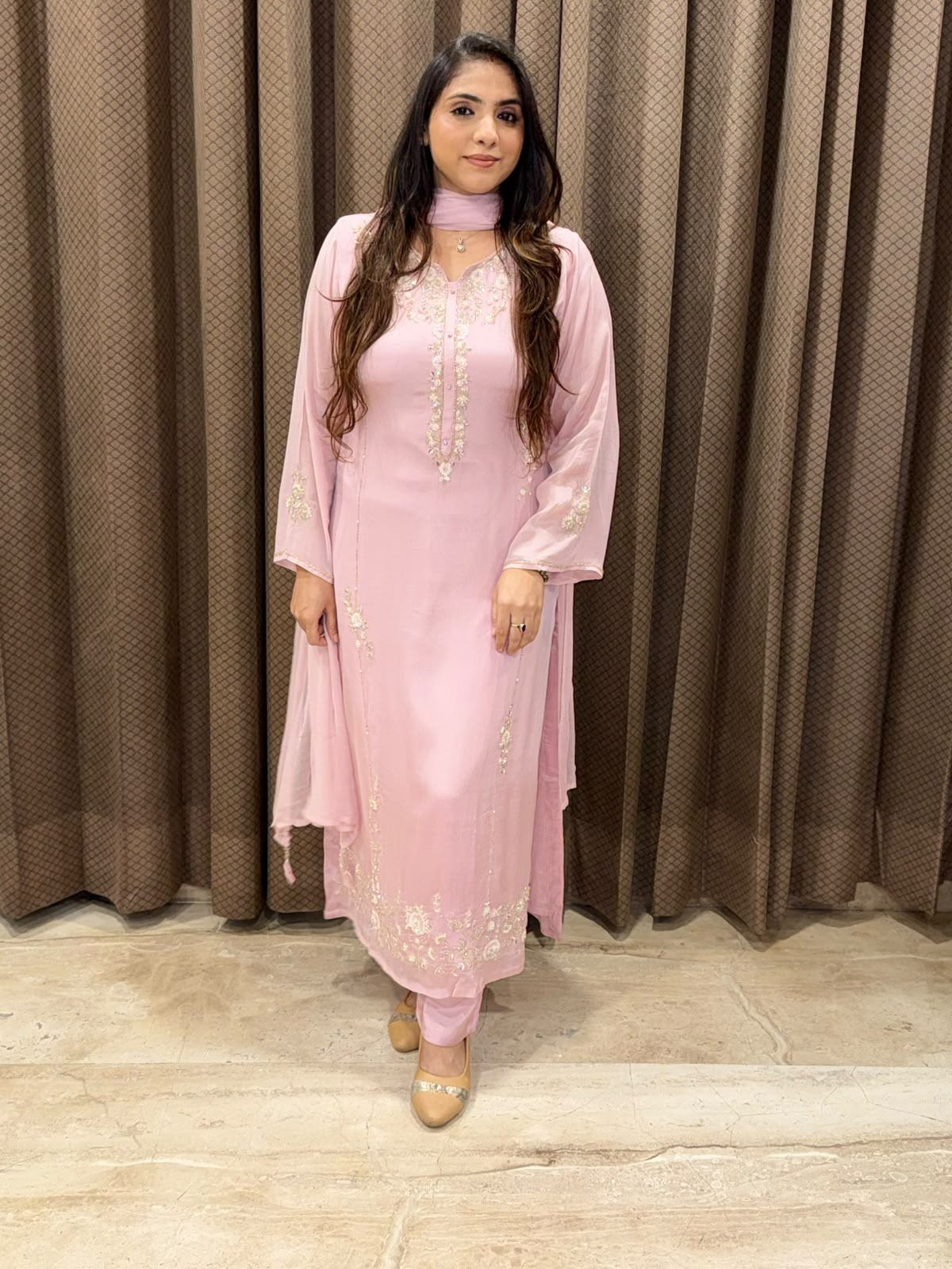 Designer Pink long suit set with dupatta and handwork