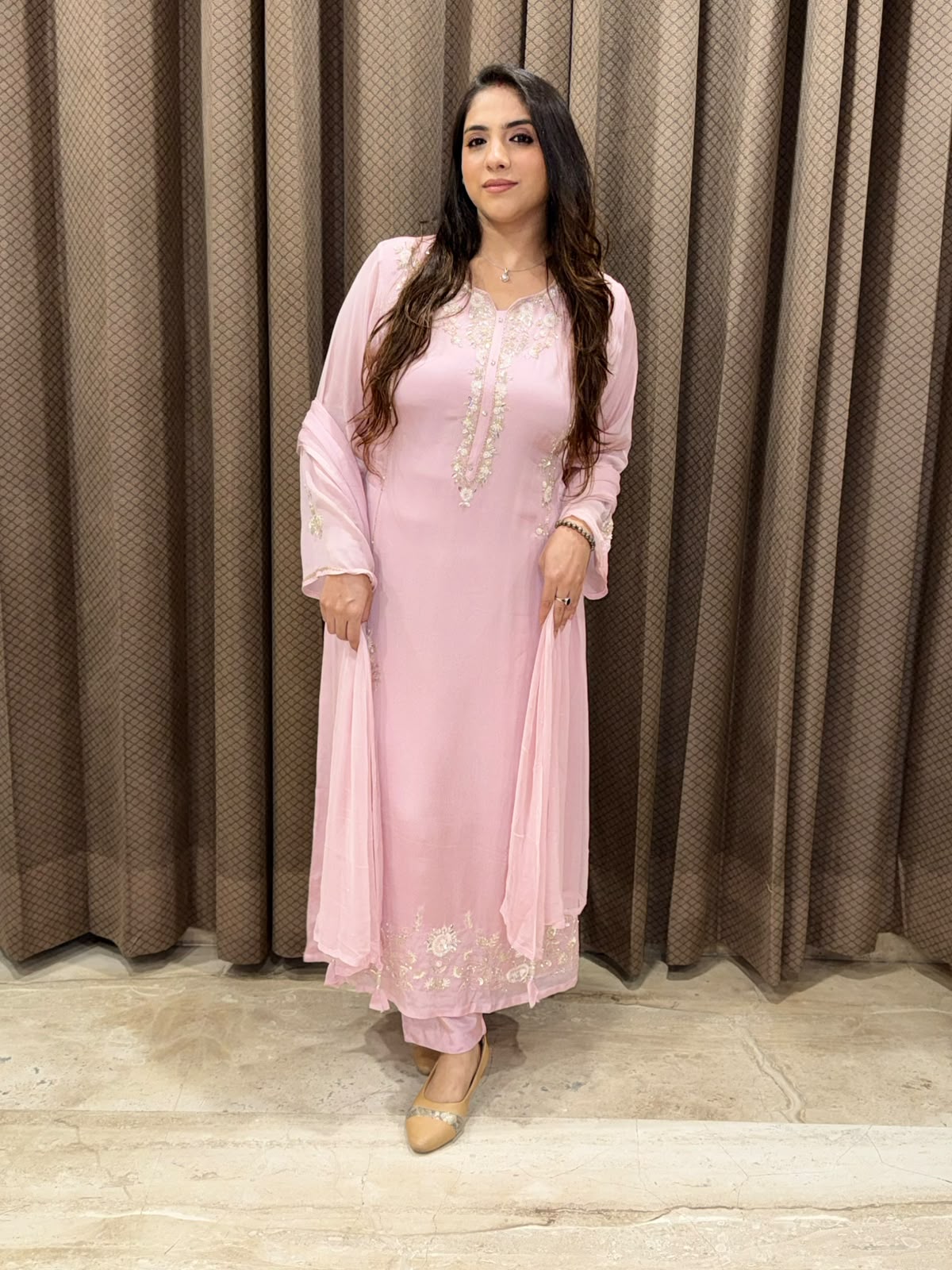 Designer Pink long suit set with dupatta and handwork