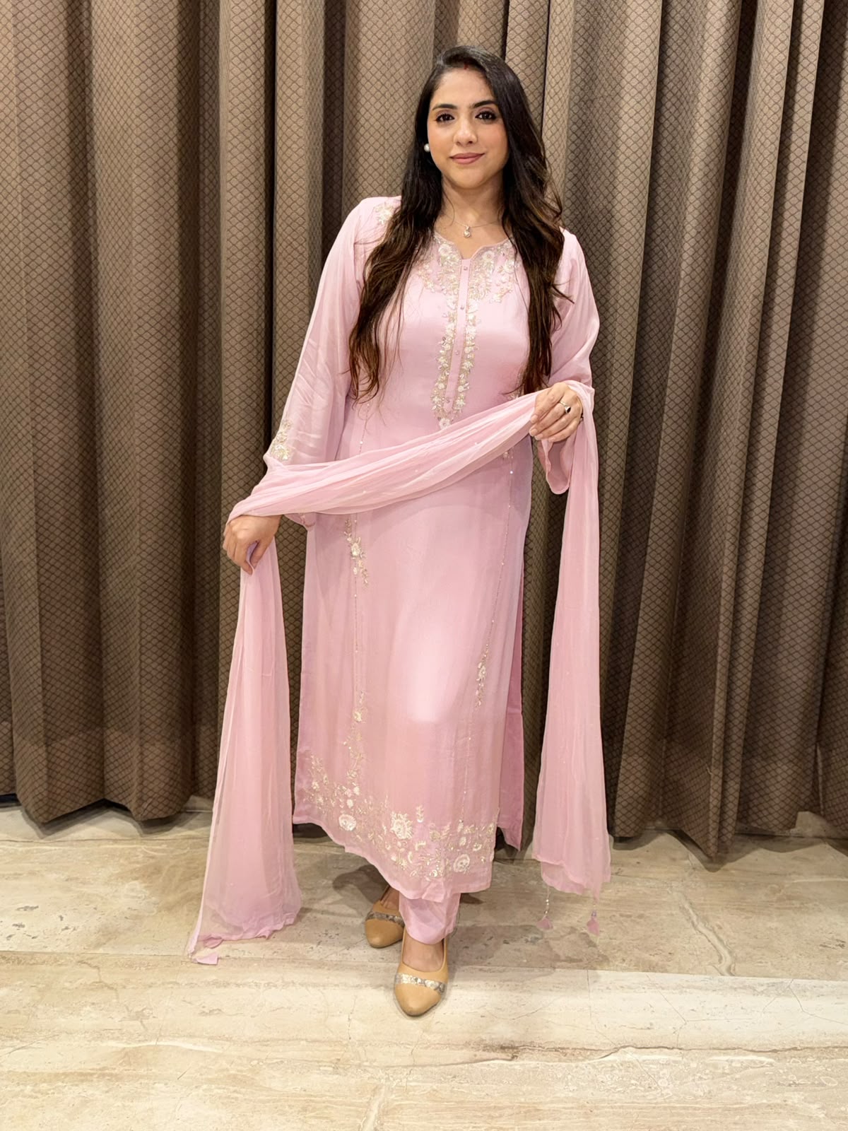 Designer Pink long suit set with dupatta and handwork