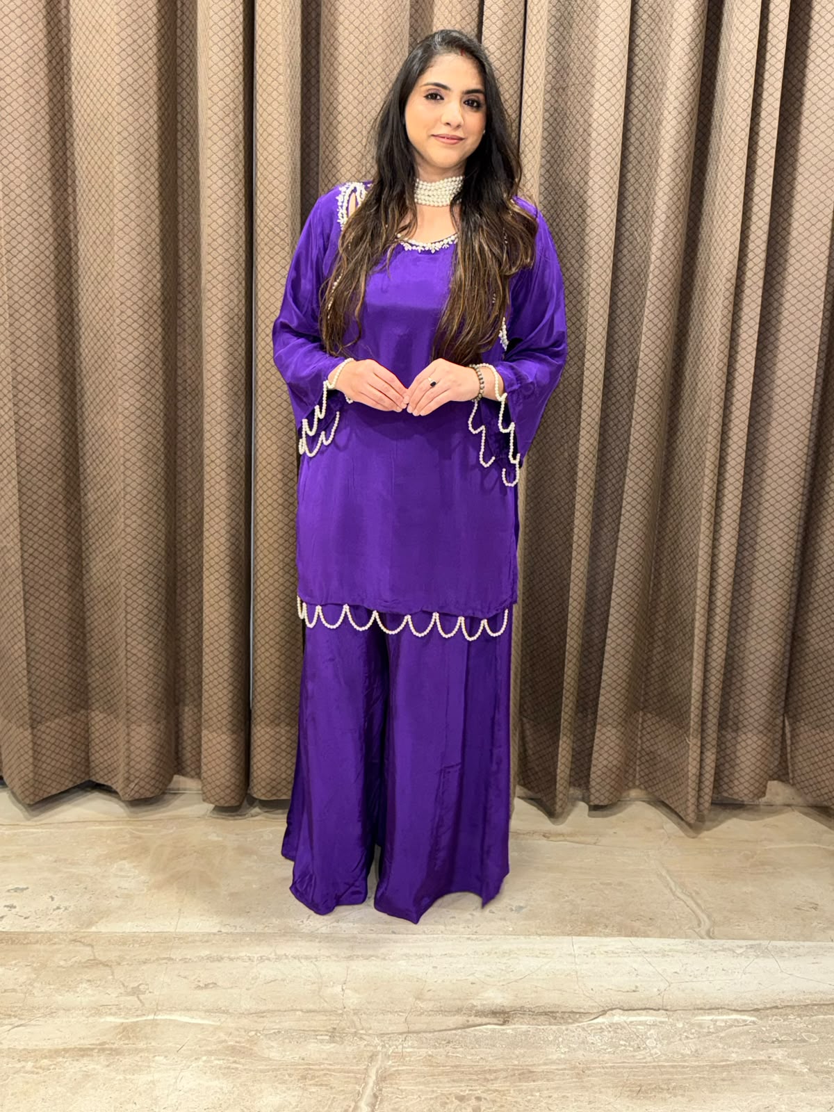 Elegant Purple Plazoo set with pearl neckace dupatta and handwork
