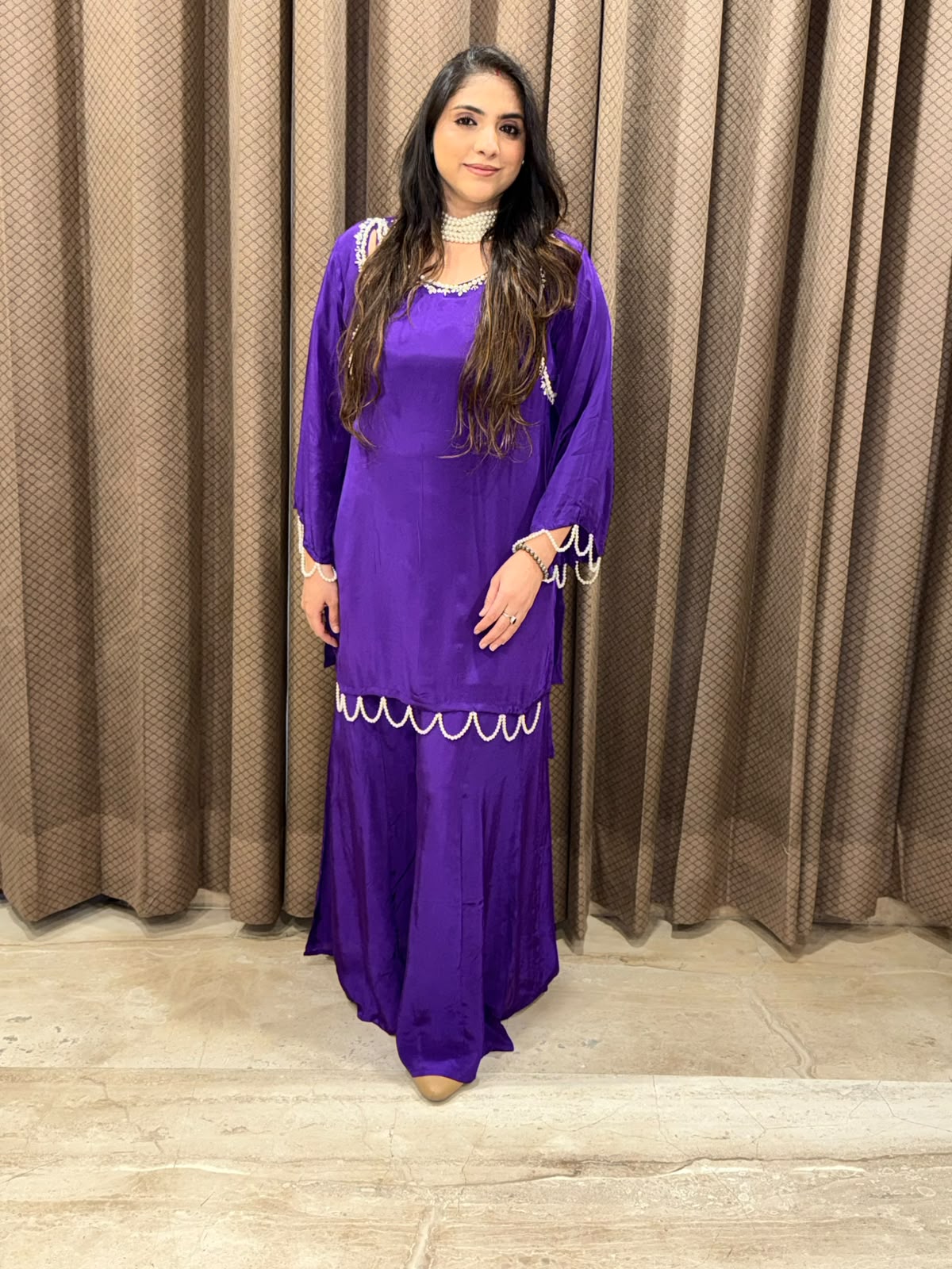 Elegant Purple Plazoo set with pearl neckace dupatta and handwork