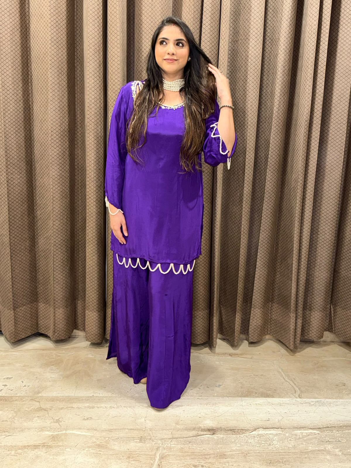 Elegant Purple Plazoo set with pearl neckace dupatta and handwork