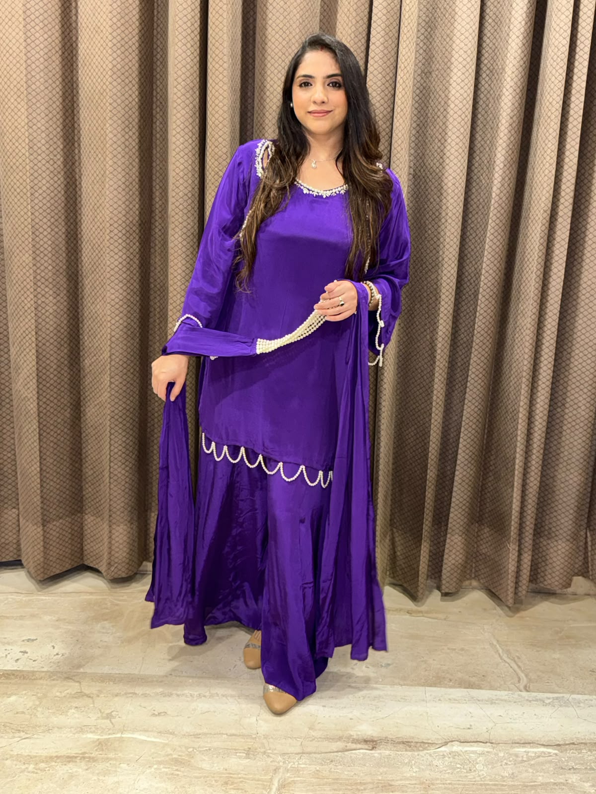 Elegant Purple Plazoo set with pearl neckace dupatta and handwork