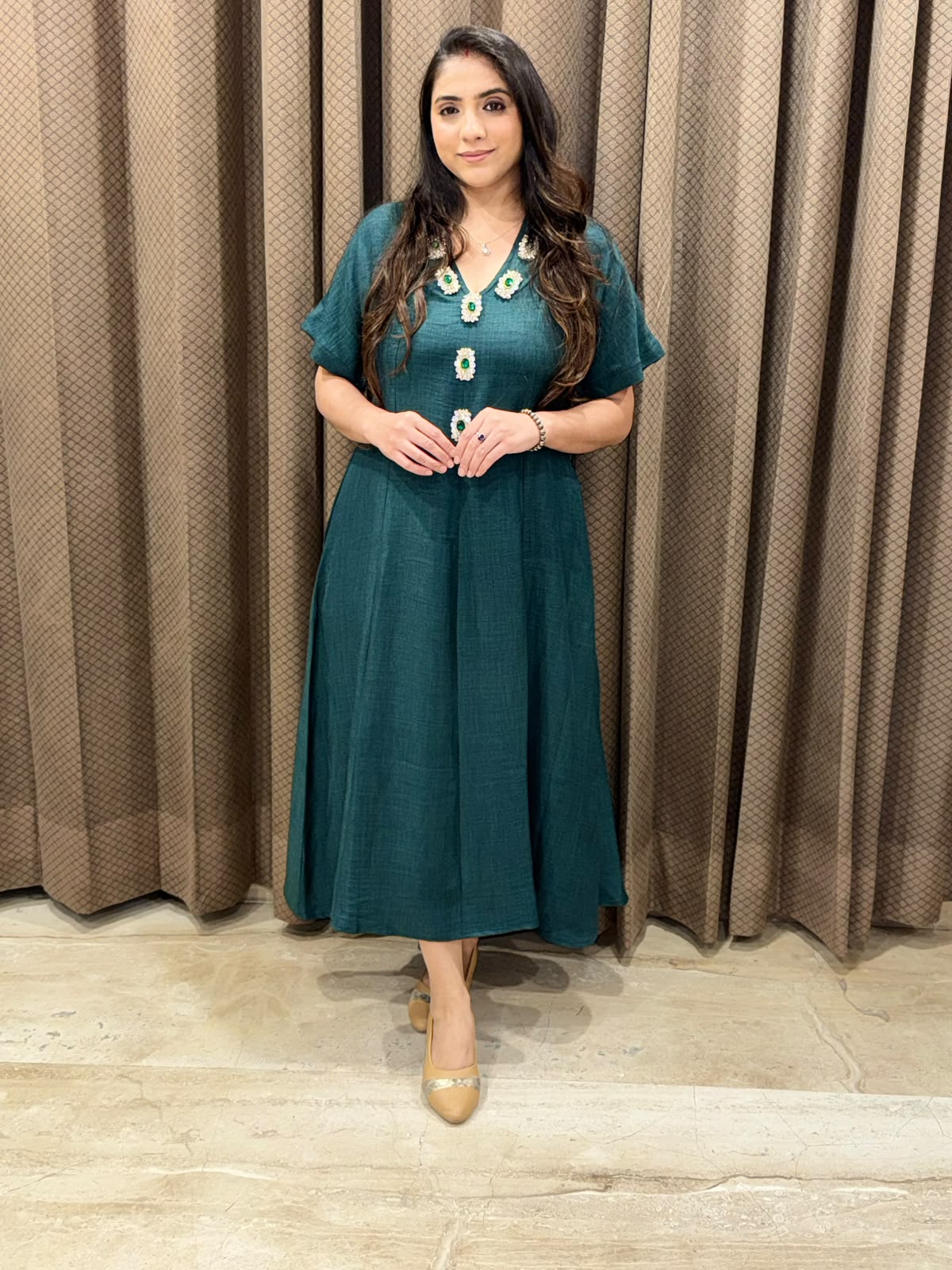 Smart Green Midi dress with necklace handwork design & pockets