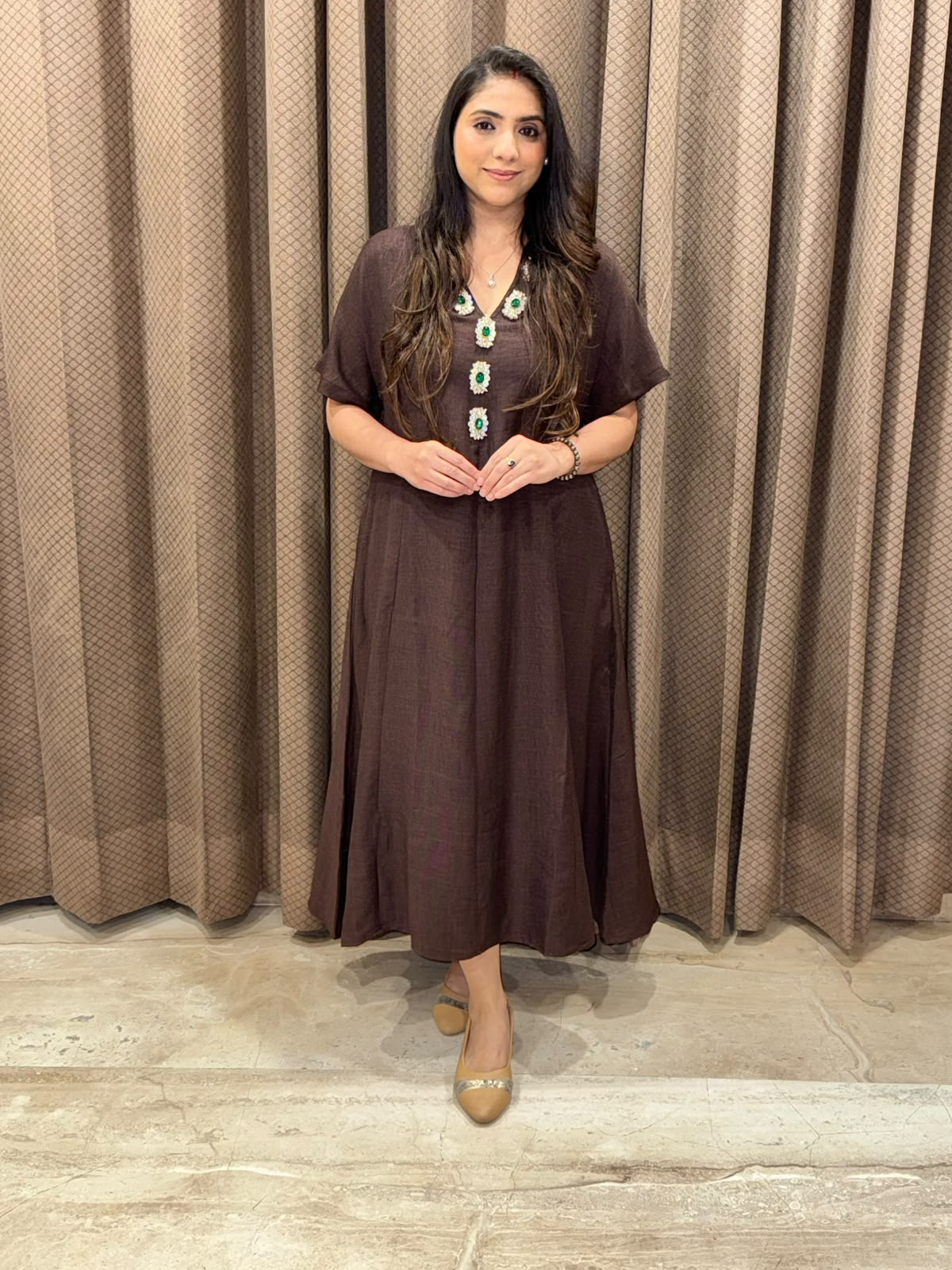 Smart Green Midi dress with necklace handwork design & pockets