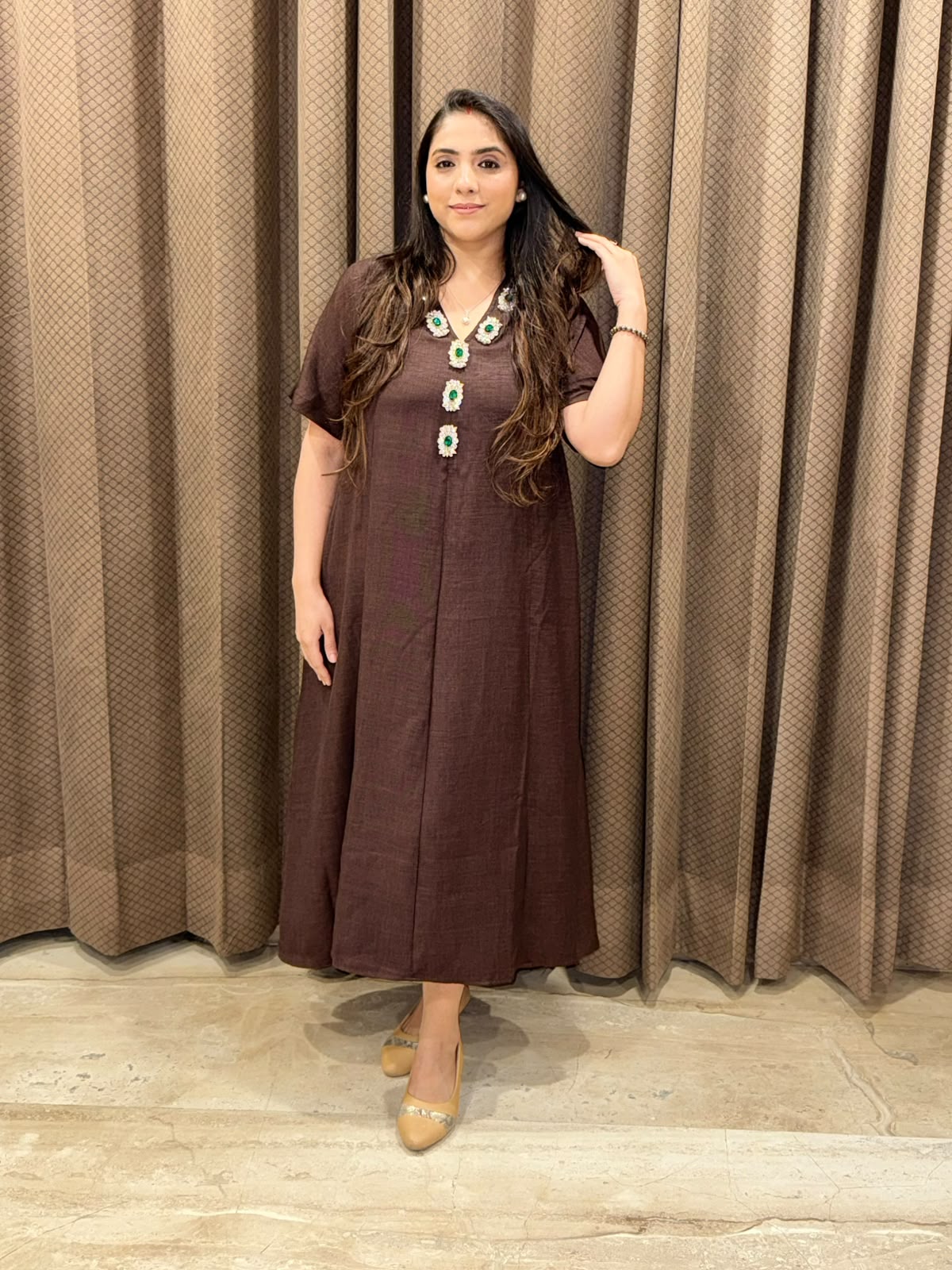 Smart Green Midi dress with necklace handwork design & pockets