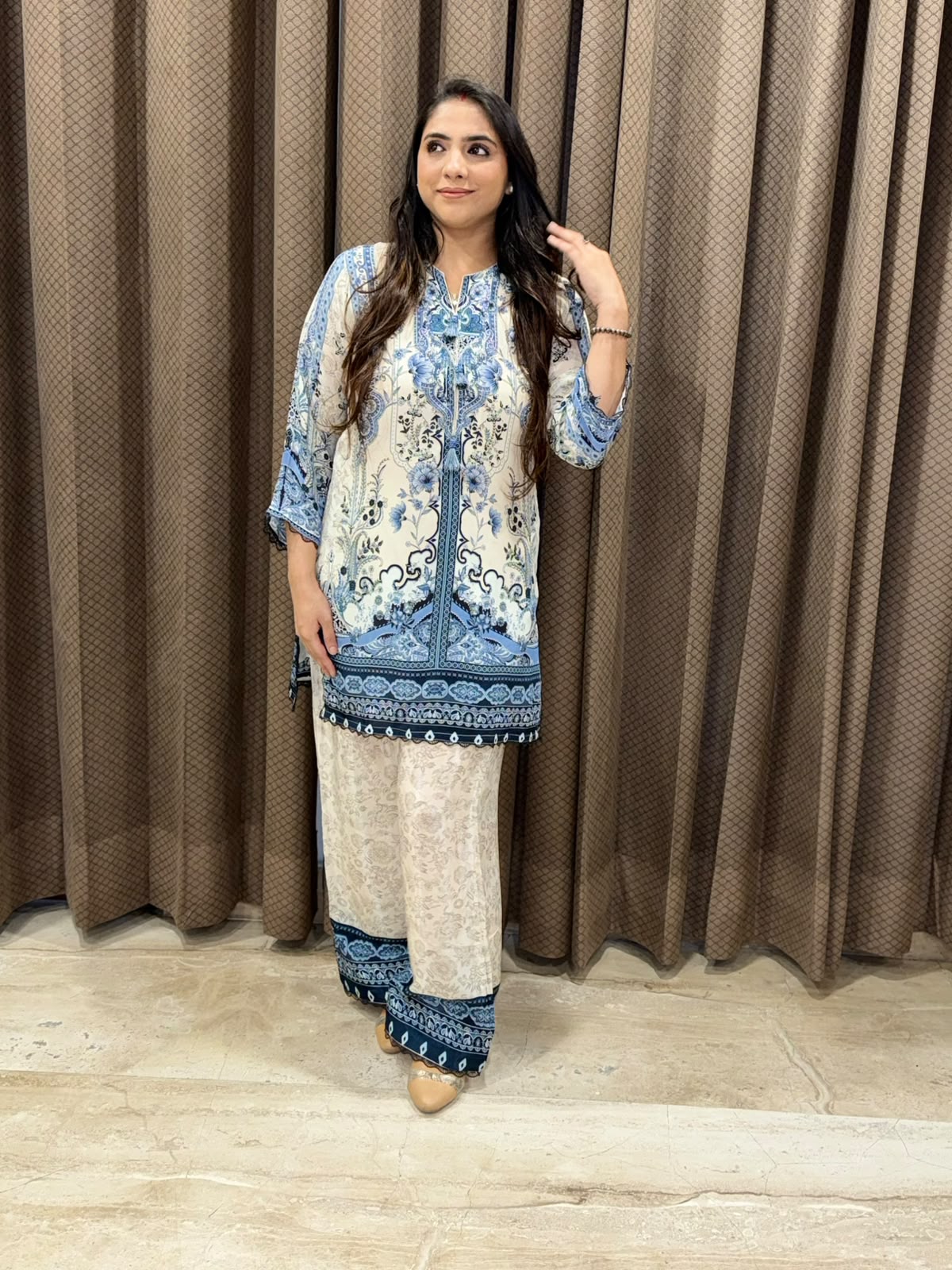 Elegant blue digital Co-ord set with laces