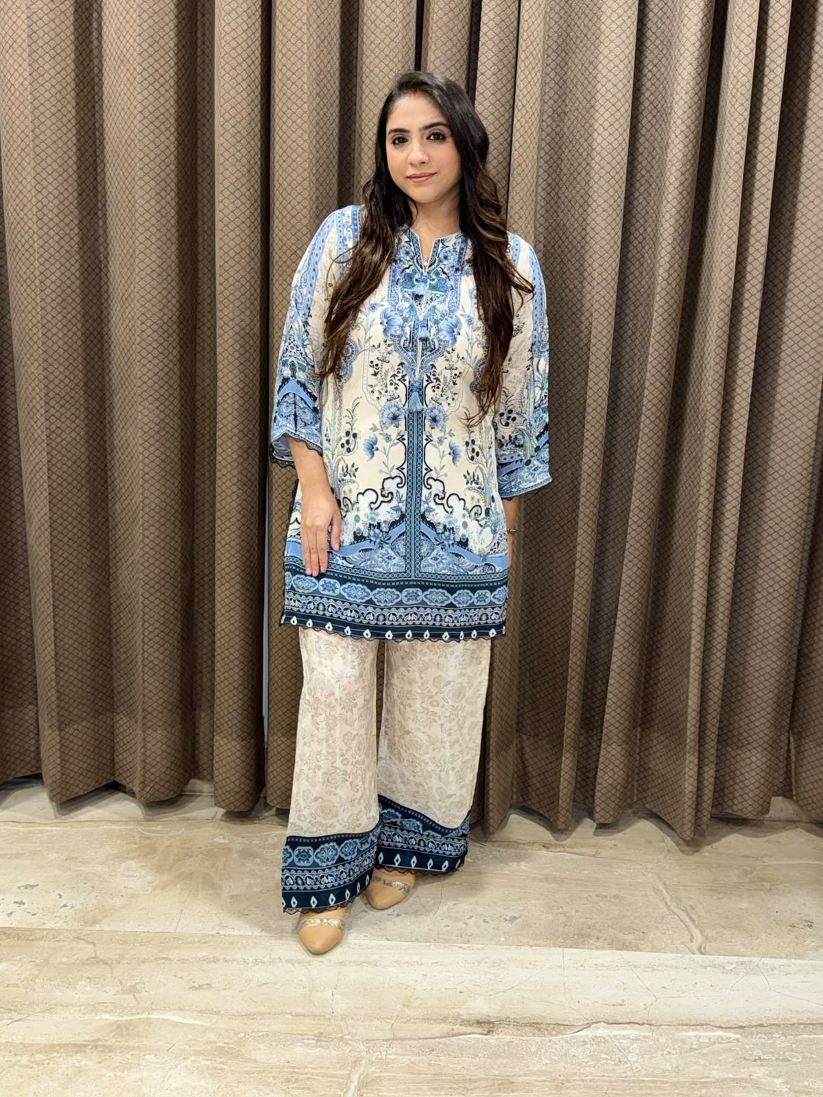 Elegant blue digital Co-ord set with laces