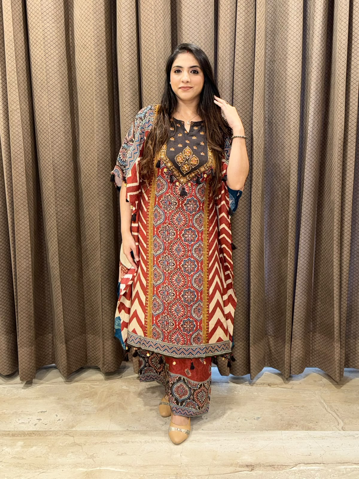 Elegant Maroon and brown Digital Kaftan set with handwork