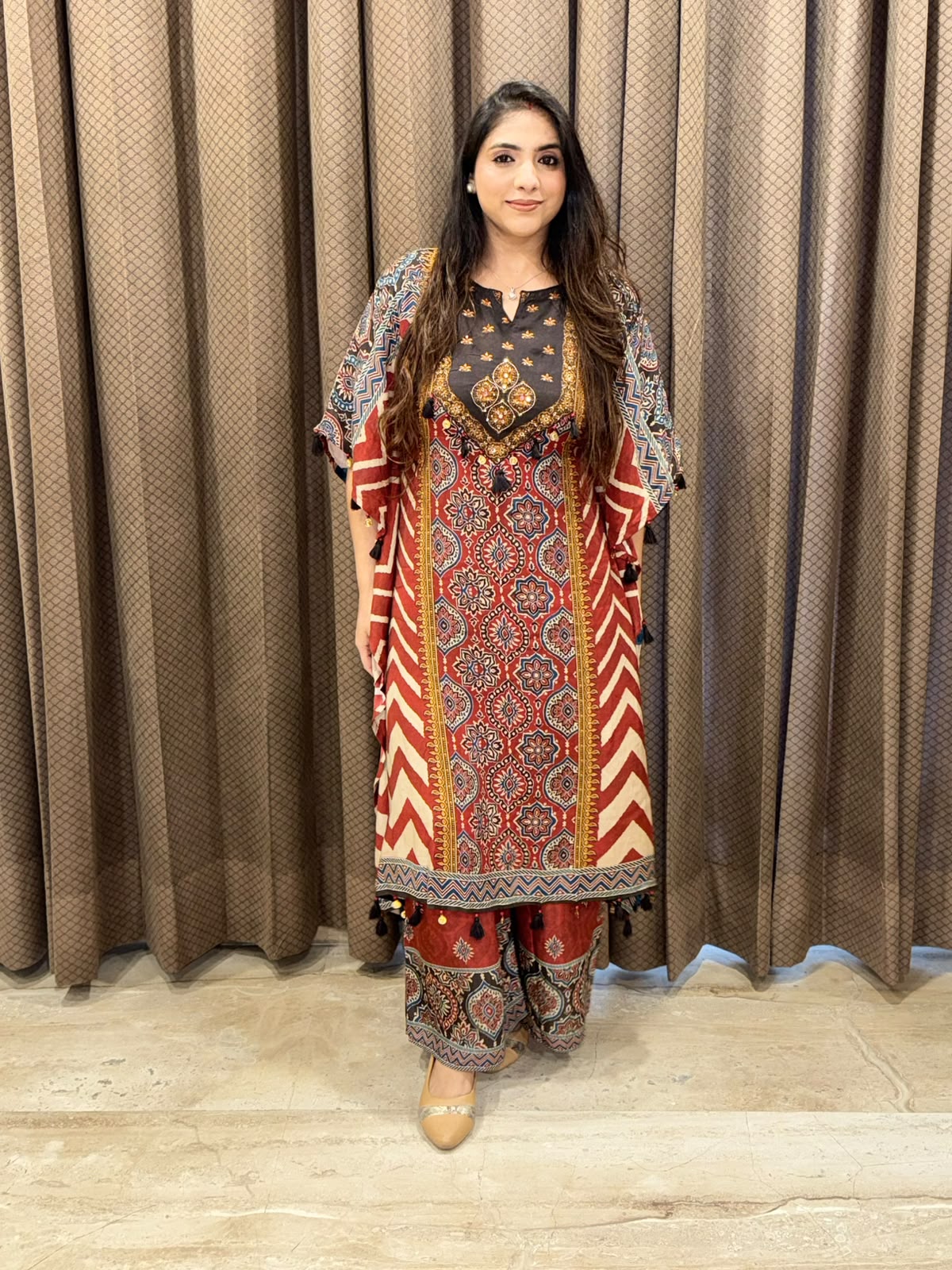 Elegant Maroon and brown Digital Kaftan set with handwork