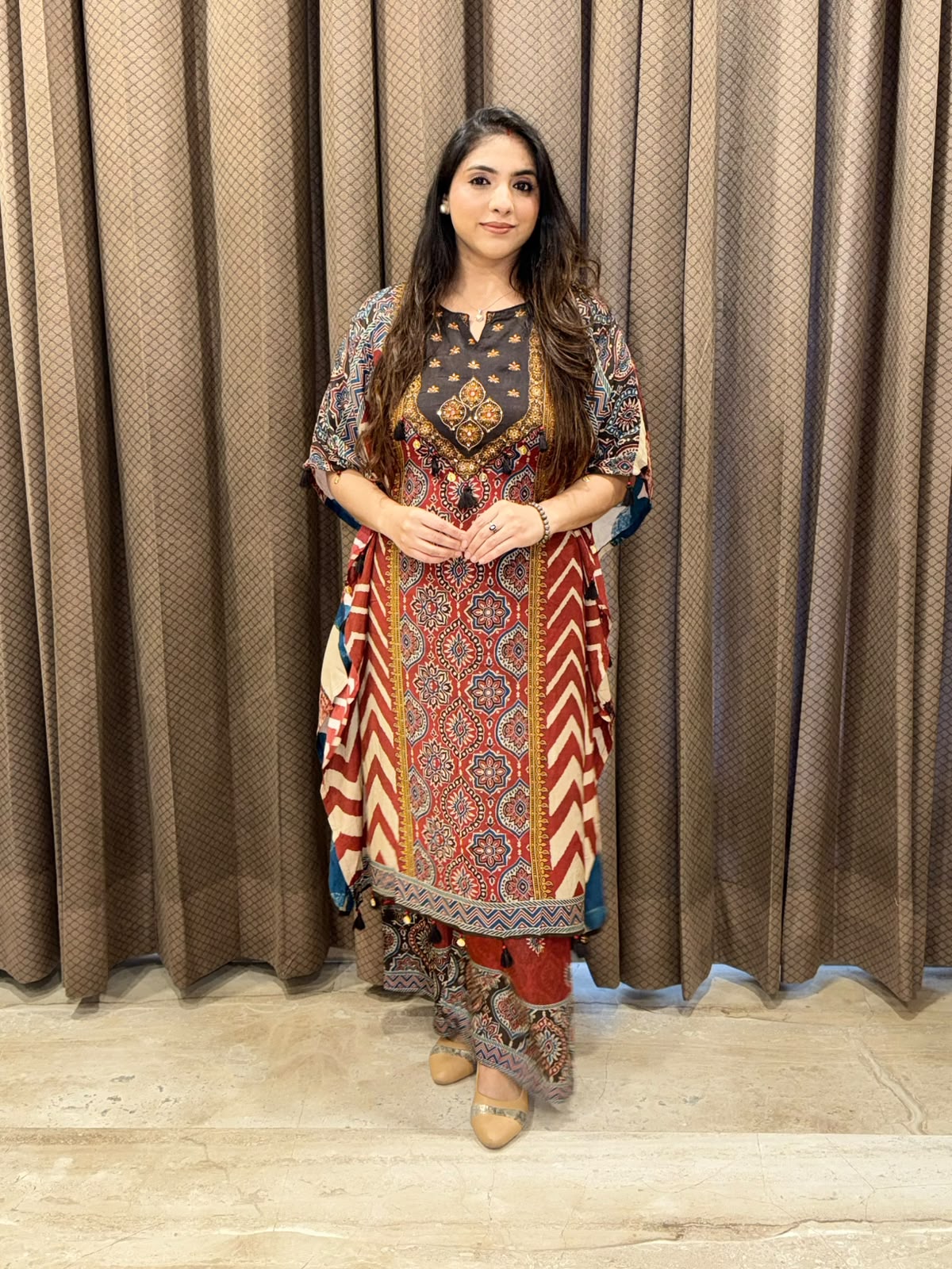 Elegant Maroon and brown Digital Kaftan set with handwork