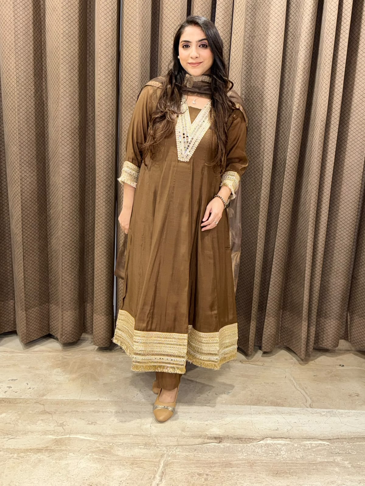 Designer Brown Anarkali suit set with dupatta and laces