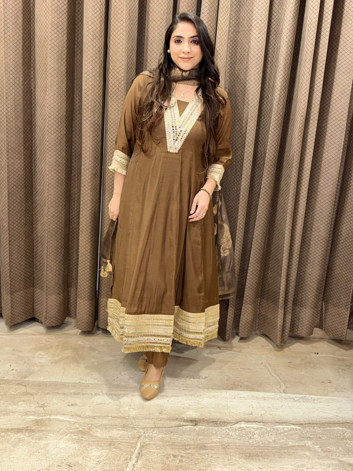 Designer Brown Anarkali suit set with dupatta and laces