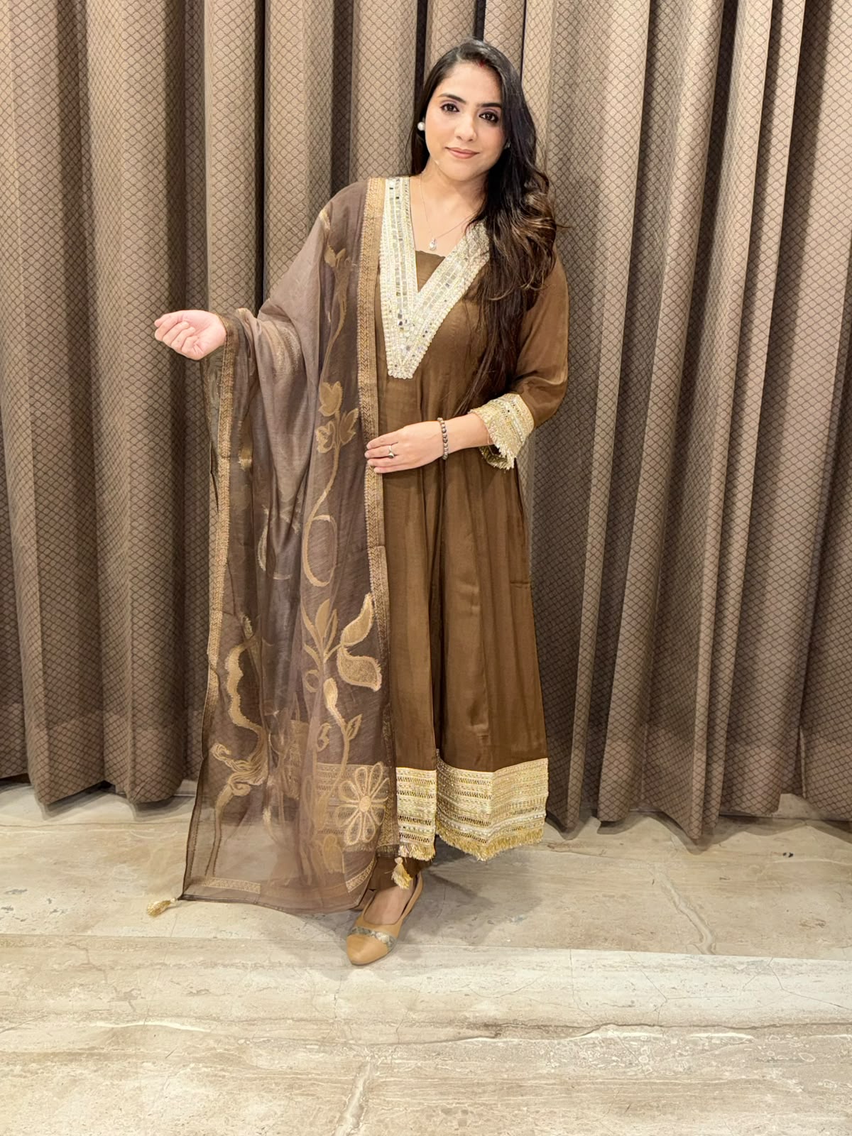 Designer Brown Anarkali suit set with dupatta and laces