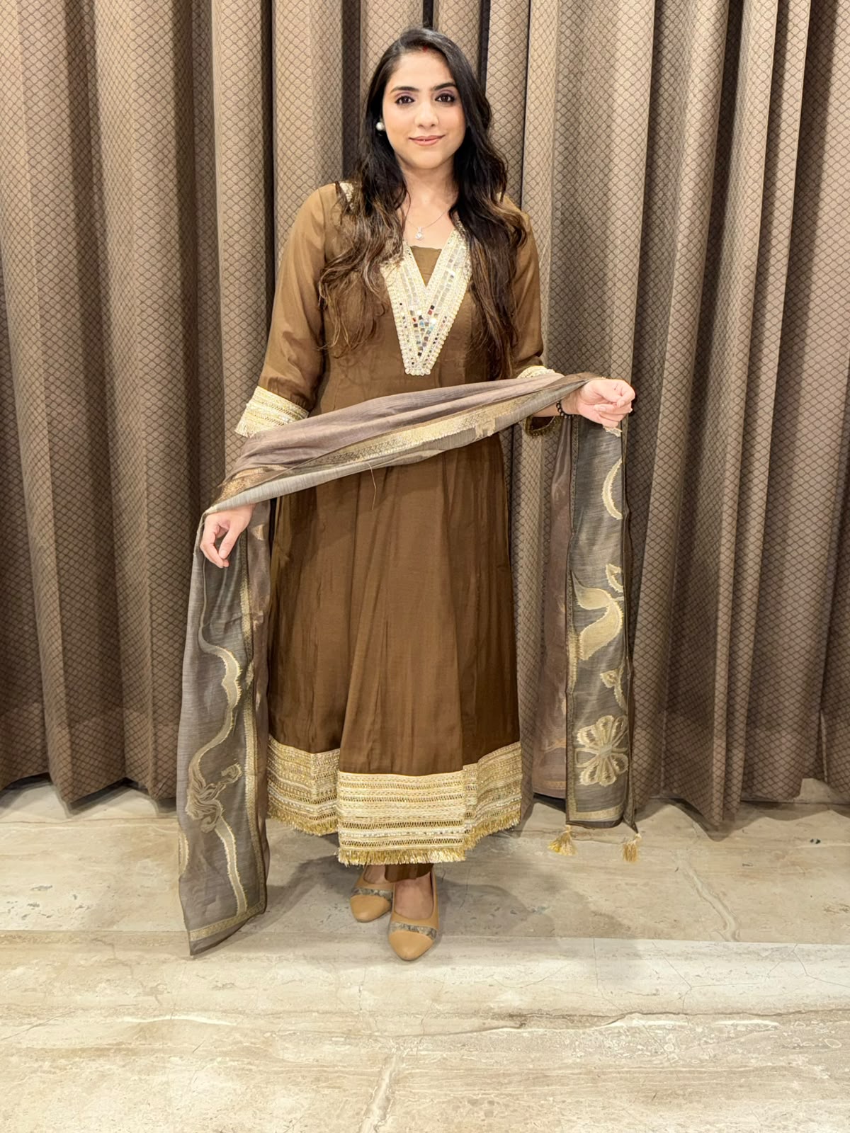 Designer Brown Anarkali suit set with dupatta and laces