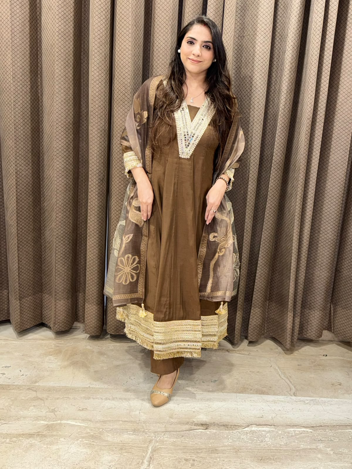 Designer Brown Anarkali suit set with dupatta and laces