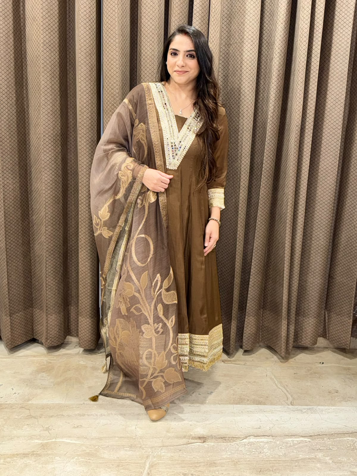 Designer Brown Anarkali suit set with dupatta and laces