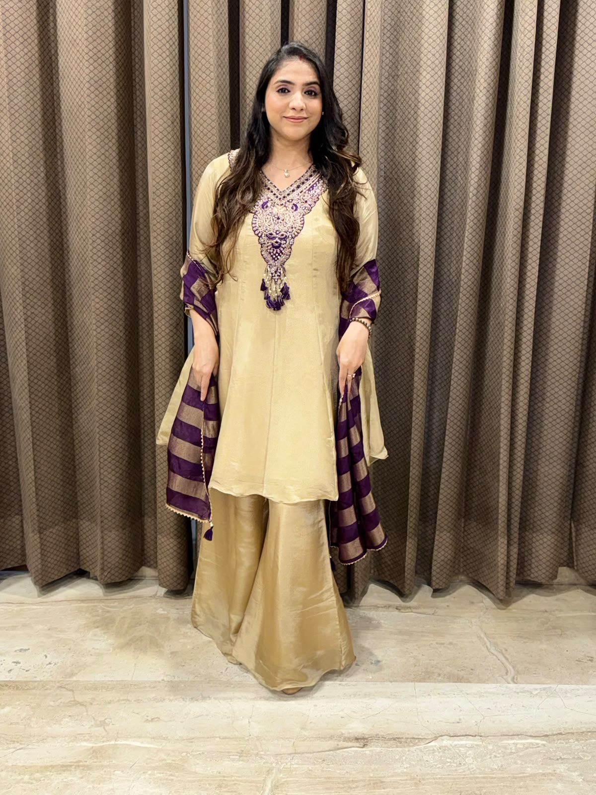 Designer Golden Short Anarkali set with Purple dupatta and handwork