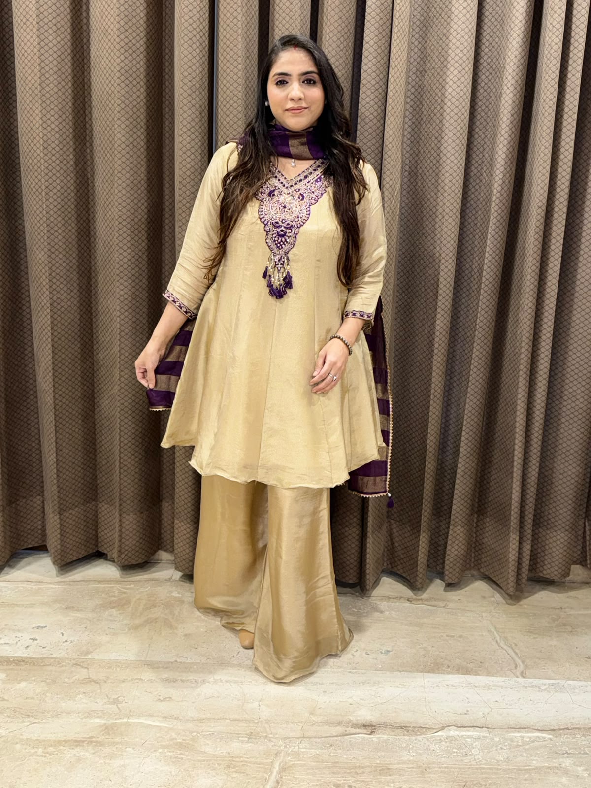 Designer Golden Short Anarkali set with Purple dupatta and handwork