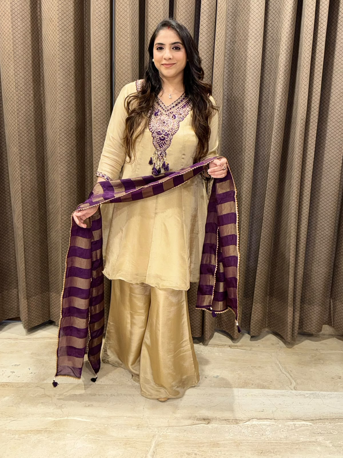 Designer Golden Short Anarkali set with Purple dupatta and handwork