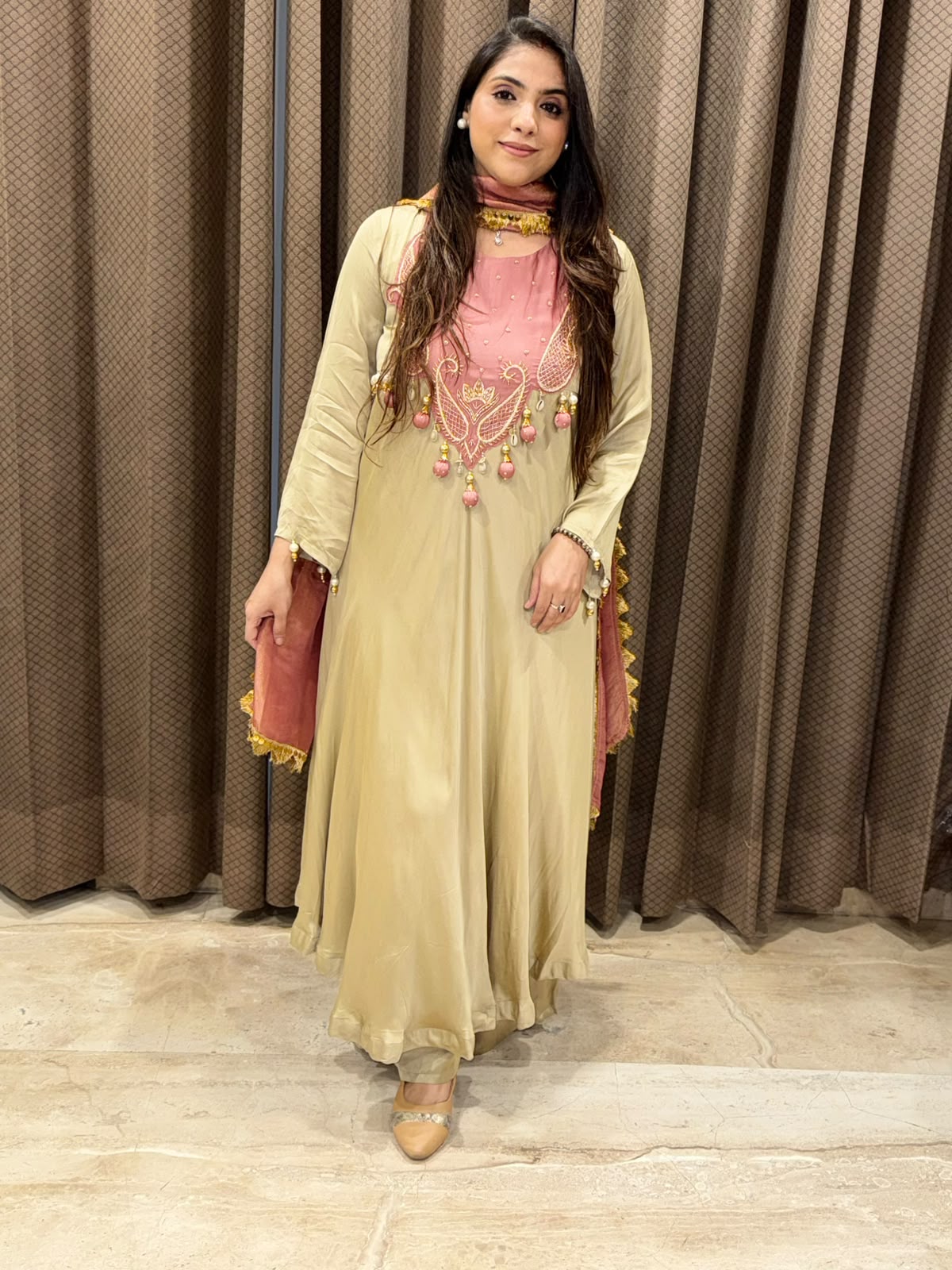 Elegant Golden Anarkali set with contrats dupatta and handwork