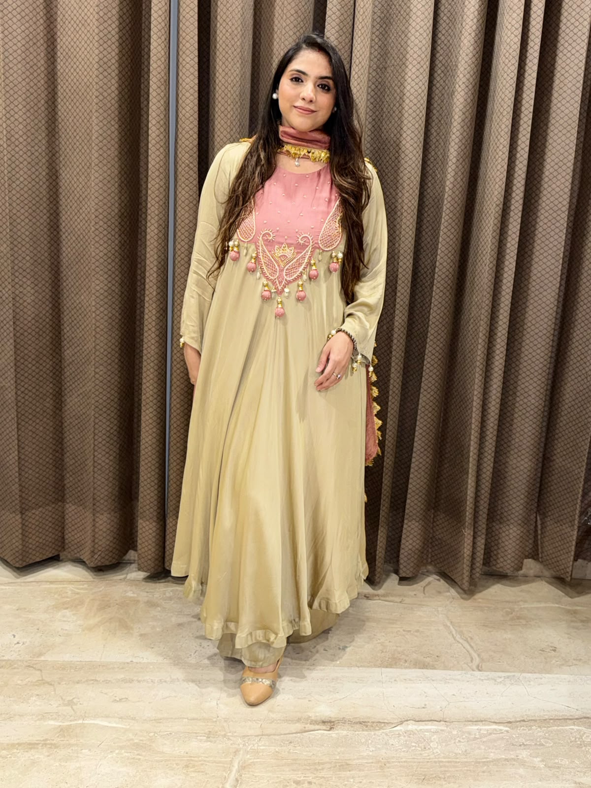 Elegant Golden Anarkali set with contrats dupatta and handwork
