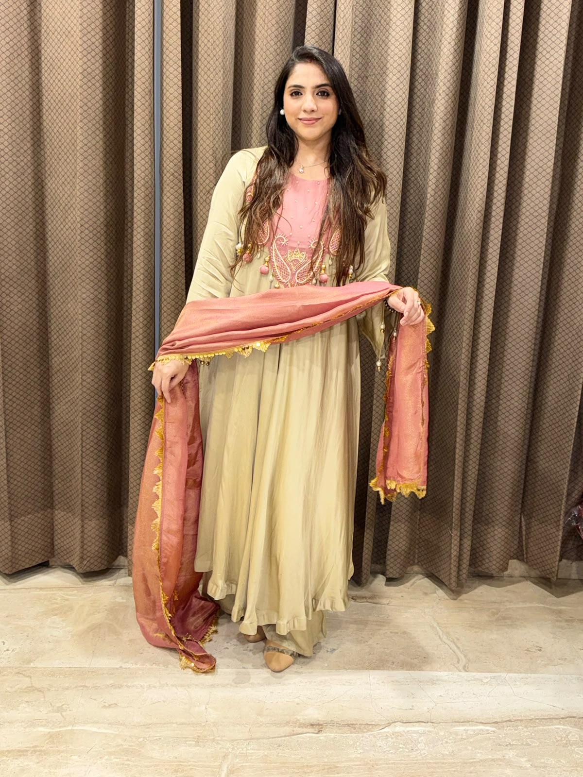 Elegant Golden Anarkali set with contrats dupatta and handwork