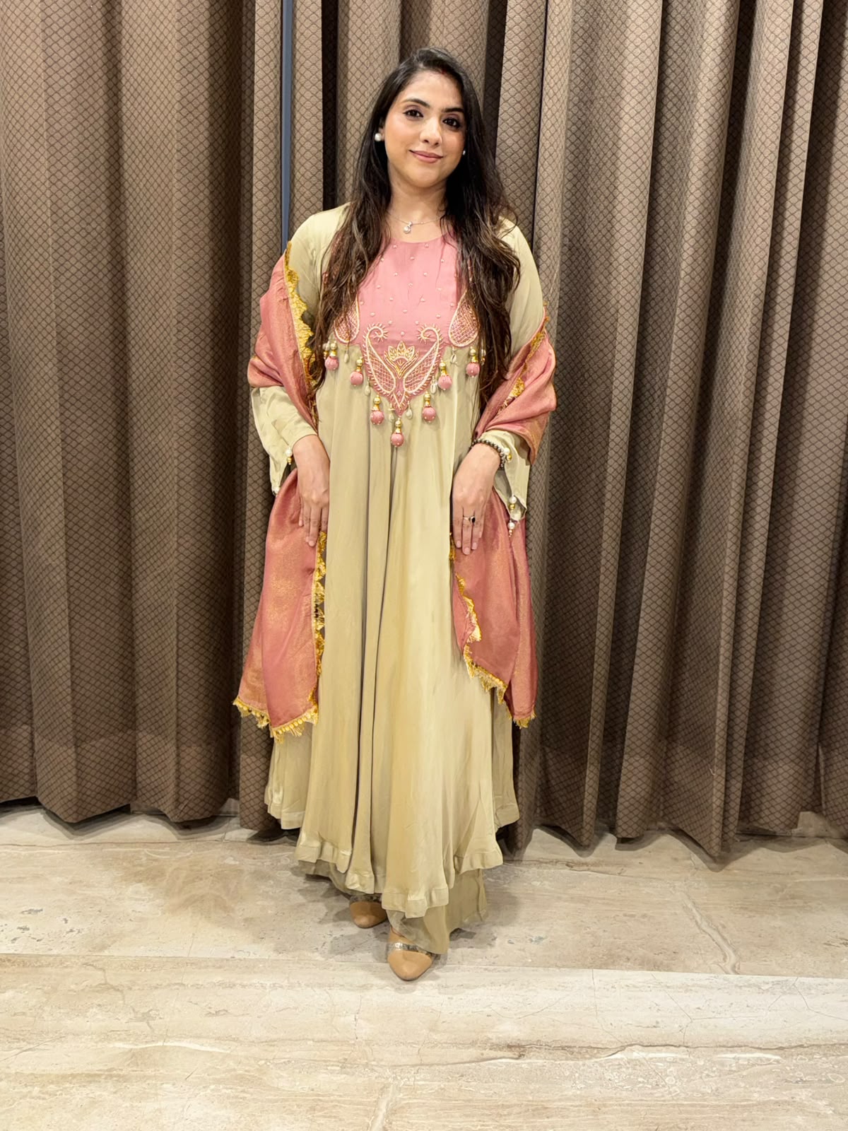 Elegant Golden Anarkali set with contrats dupatta and handwork