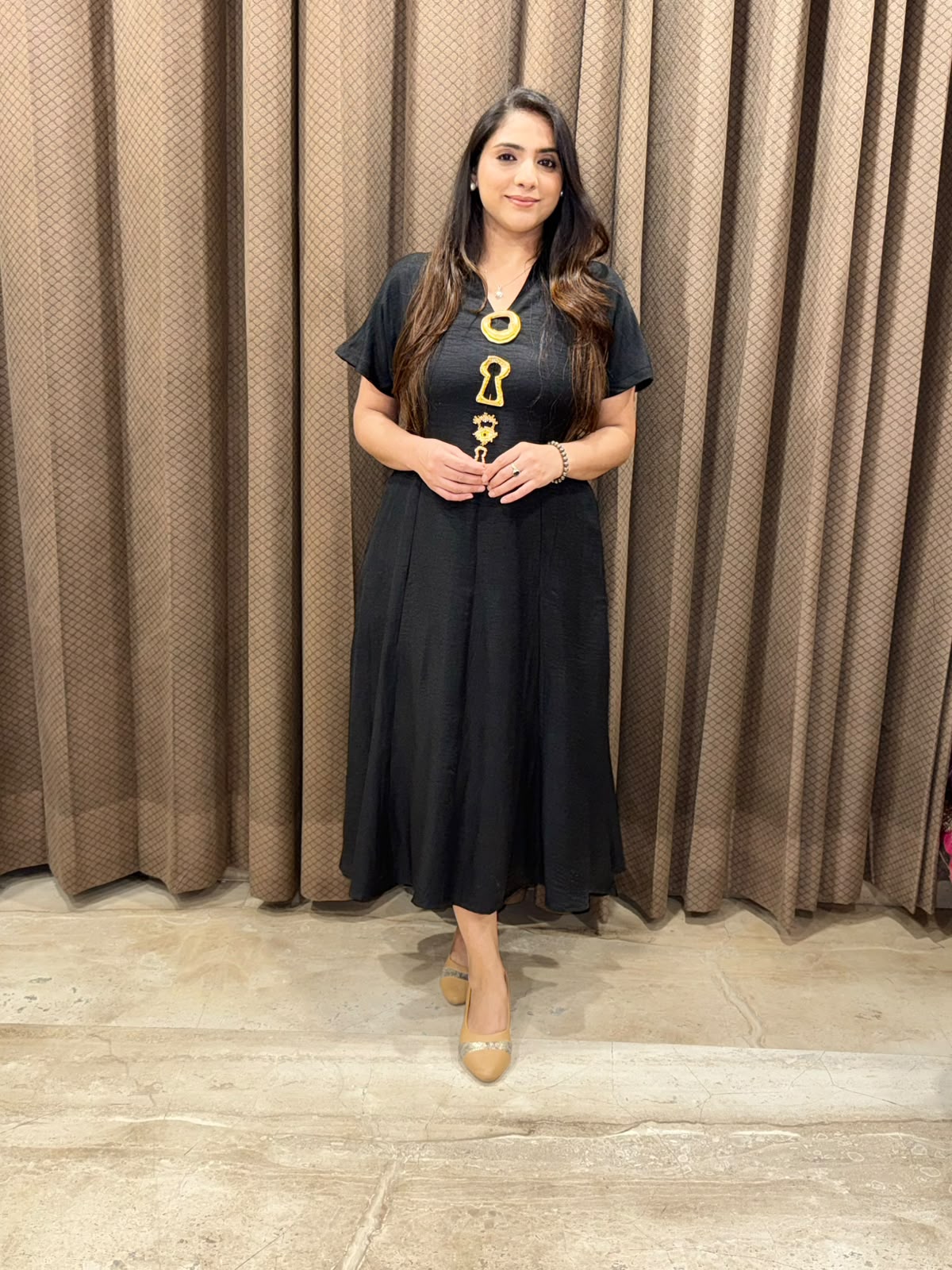 Smart Black Midi dress with golden Brooches & pockets