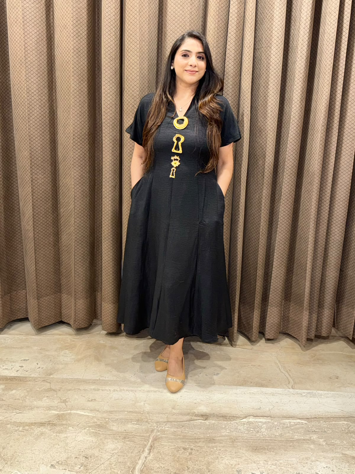 Smart Black Midi dress with golden Brooches & pockets
