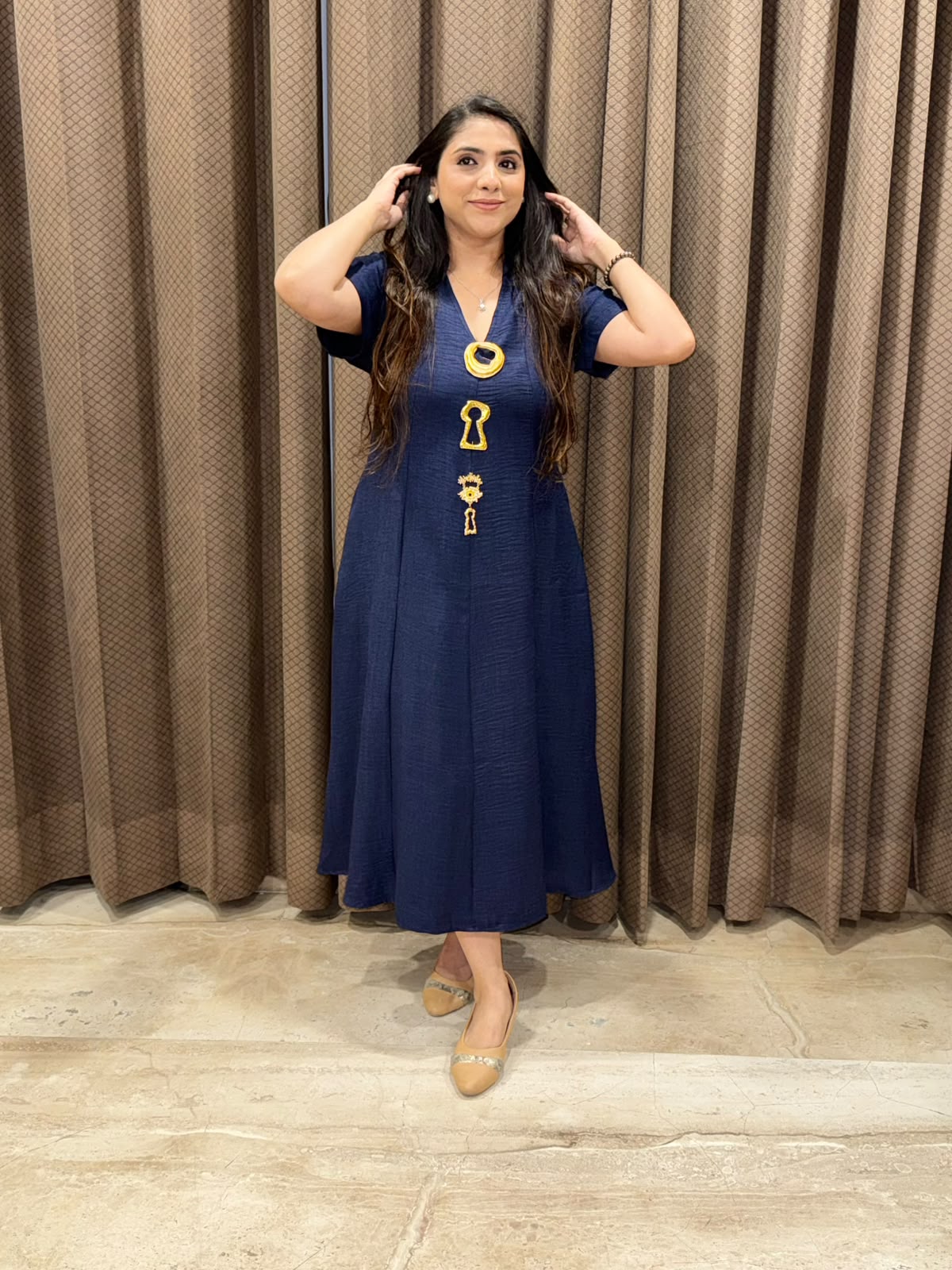 Smart Blue Midi dress with golden brooches & pockets