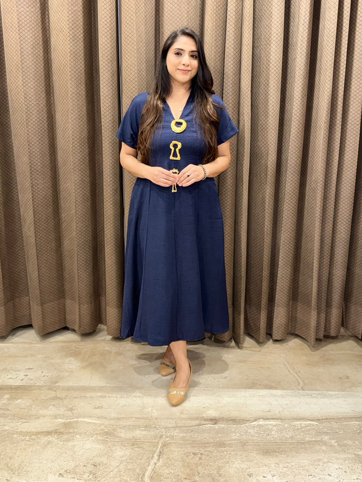 Smart Blue Midi dress with golden brooches & pockets