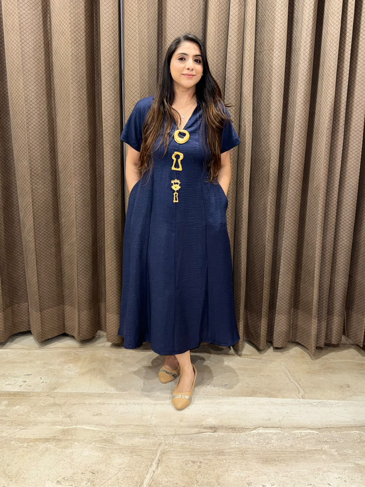 Smart Blue Midi dress with golden brooches & pockets