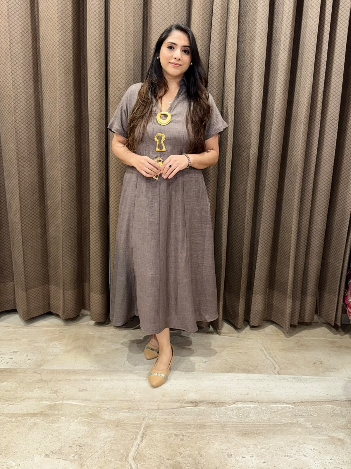 Smart Grey Midi dress with golden brooches & pockets