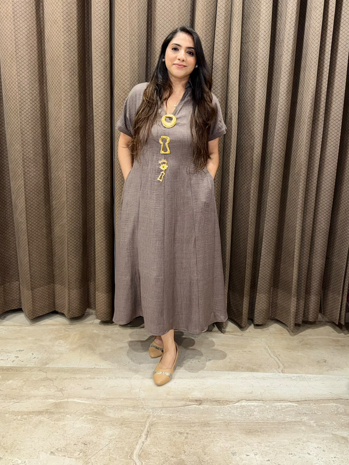 Smart Grey Midi dress with golden brooches & pockets